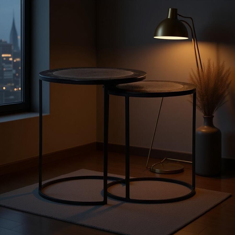 Industrialhome Luxe Salontafel Set Rond – 2-Delig – Metaal Zwart – Industrieel Design – Bijzettafel Hoektafel – Handgemaakt