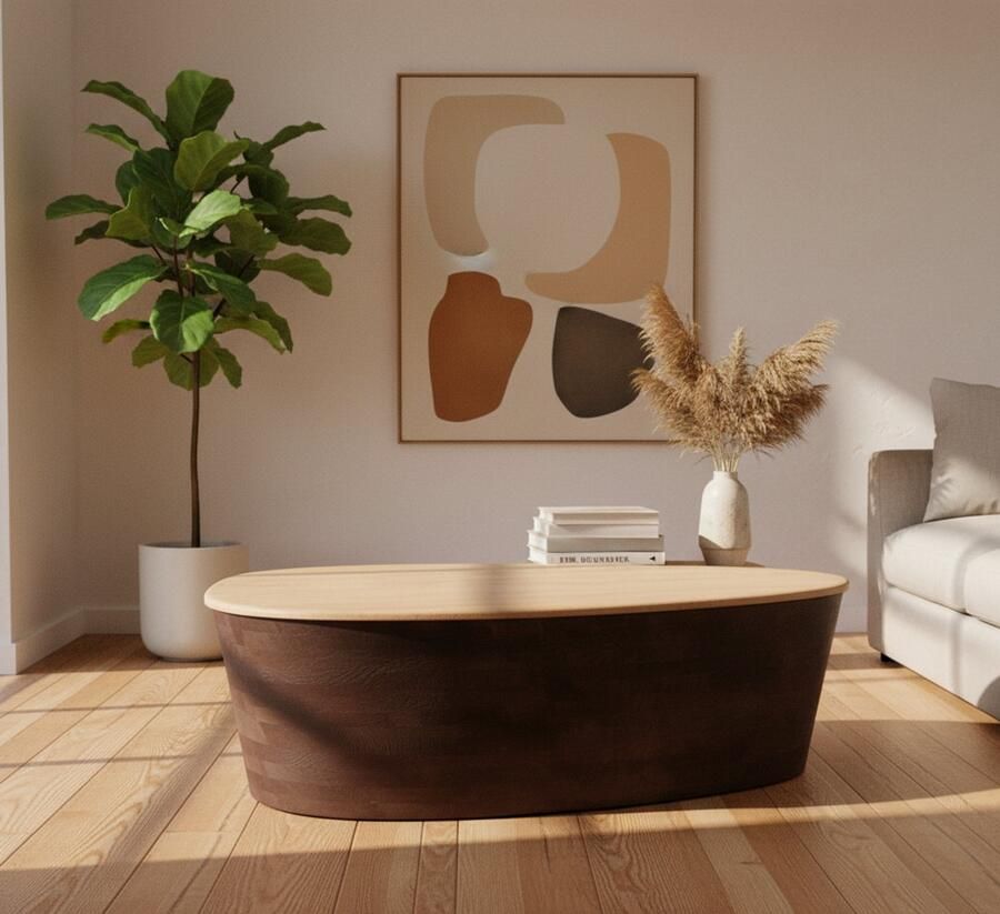 Industrialhome Luxe Salontafel Verona – 110x80x32 cm – Travertin Natuursteen Tafelblad – Espresso Sandblasted Mangohout – Ovale Design Tafel – Moderne Minimalistische Woonkamer