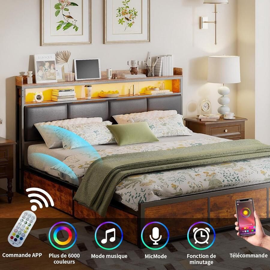 Industrialhome Luxe Tweepersoonsbed 180x200 cm – Metalen Bedframe met 4 Opbergladen LED-Verlichting PU-Hoofdbord met Opbergruimte – Gestoffeerd Bed met Lattenbodem – Industrieel Design – Zwartgrijs