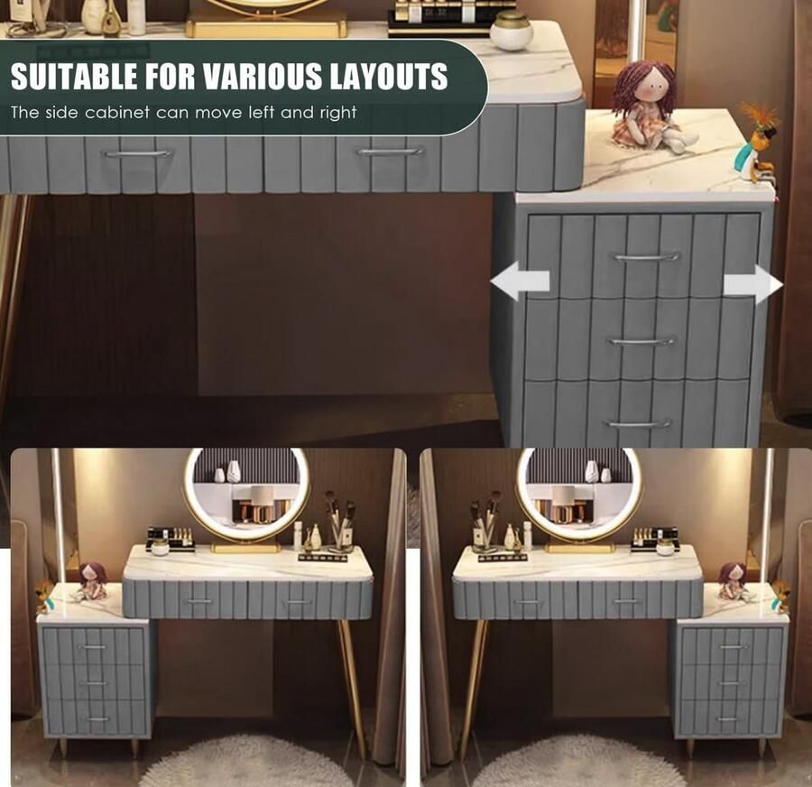 Industrialhome Luxe Verstelbare Make-uptafel met Spiegel en LED Verlichting – Inclusief Fluwelen Kruk 5 Laden Marmeren Tafelblad Goud Metalen Frame – Make-uptafel voor Slaapkamer Dames & Meisjes 100-130 cm – Grijs