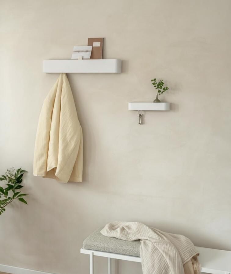 Industrialhome Luxe Wandkapstok Design PureLine – Moderne Wandgarderobe met Verborgen Haken & Opbergrek – Minimalistische Kapstok van Metaal – Roestvrijstaal met Krasvaste Poedercoating – Muurmontage – Wit – 6 Haken