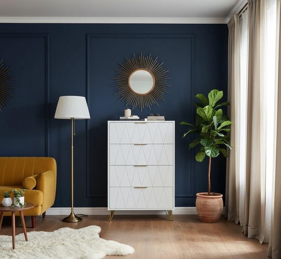 Industrialhome Luxe Witte Commode met 4 Grote Laden – Moderne Hoge Opbergkast 90cm – Houten Kast met Gouden Handgrepen – Stijlvolle Design Kast voor Slaapkamer Hal of Woonkamer – 60x34x90 cm