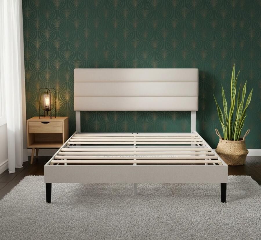 Industrialhome LuxeComfort Bedframe 140x200 cm – Gevoerd Bed met Hoofdeinde – Crème Gebroken Wit – Modern Design – Houten Lattenbodem – Stabiel & Geruisloos – Geen Boxspring Nodig – Eenvoudige Montage – 30 cm Hoog – Gestoffeerd Bedframe