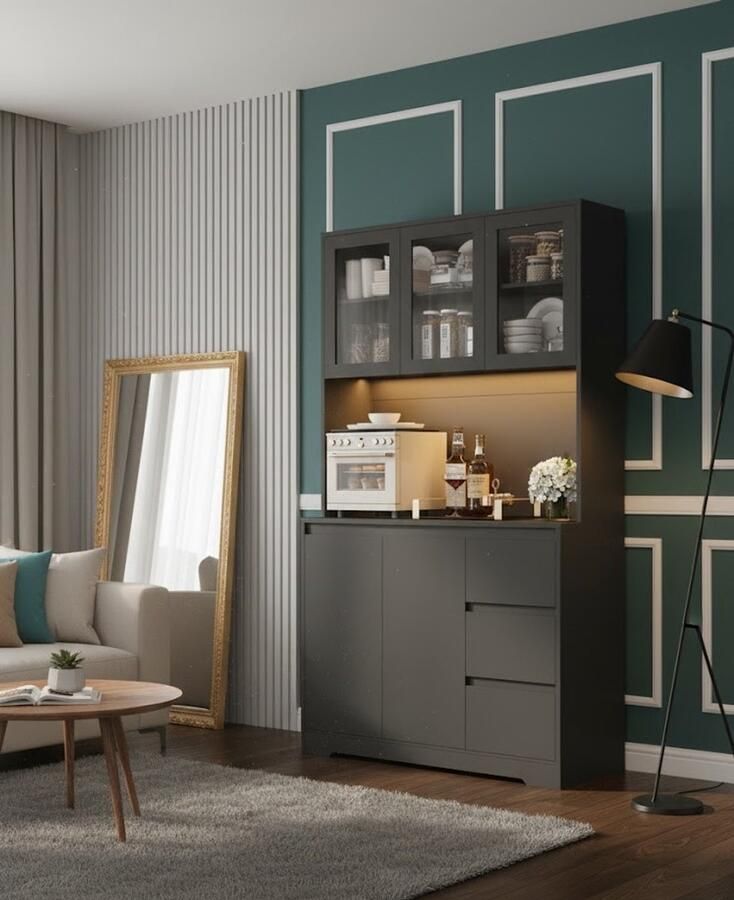 Industrialhome Luxura LED Kitchen Sideboard 180 cm Wide Buffet Cabinet with Worktop 3 Drawers Adjustable Shelves Glass Doors Power Strip & Contemporary Storage Cabinet for Kitchen Dining Room Living Room – Black