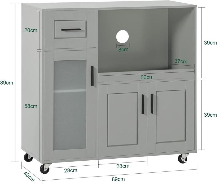 Industrialhome Magnetronkast met Lade en Glazen Deuren Keukenkast Dressoir met Wielen Multifunctioneel Ovenkast Keukenrek Organizer – 89x40x89 cm – Grijs MDF Hout – Modern Design