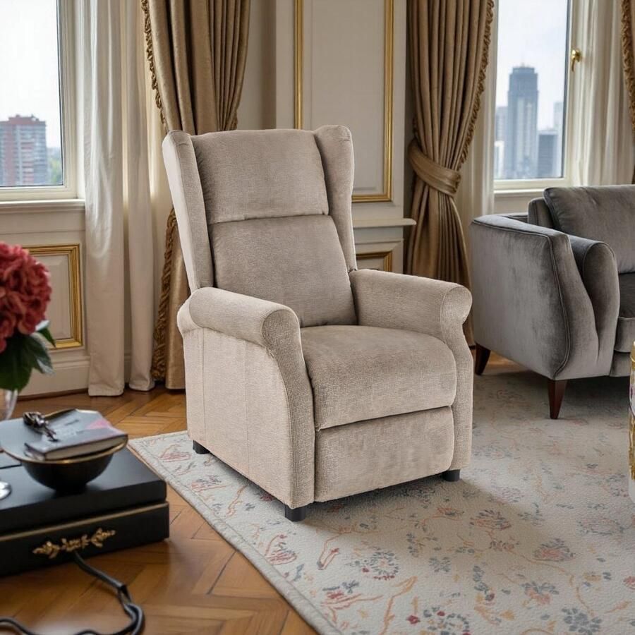 Industrialhome Meauzac Uitschuifbare Fauteuil – Comfortabele Stoffen Relaxstoel in Beige en Grijs met Zwart Kunststof Onderstel – Uitklapbare Zit- en Ligfunctie – 92-160 cm