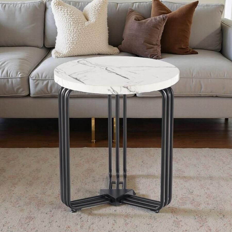 Industrialhome Milano Ronde Salontafel – Marmerlook Wit – Ø40 cm – Hout met Fineer – Stalen Frame – Design Bijzettafel – Compact & Elegant – Woonkamer Meubel