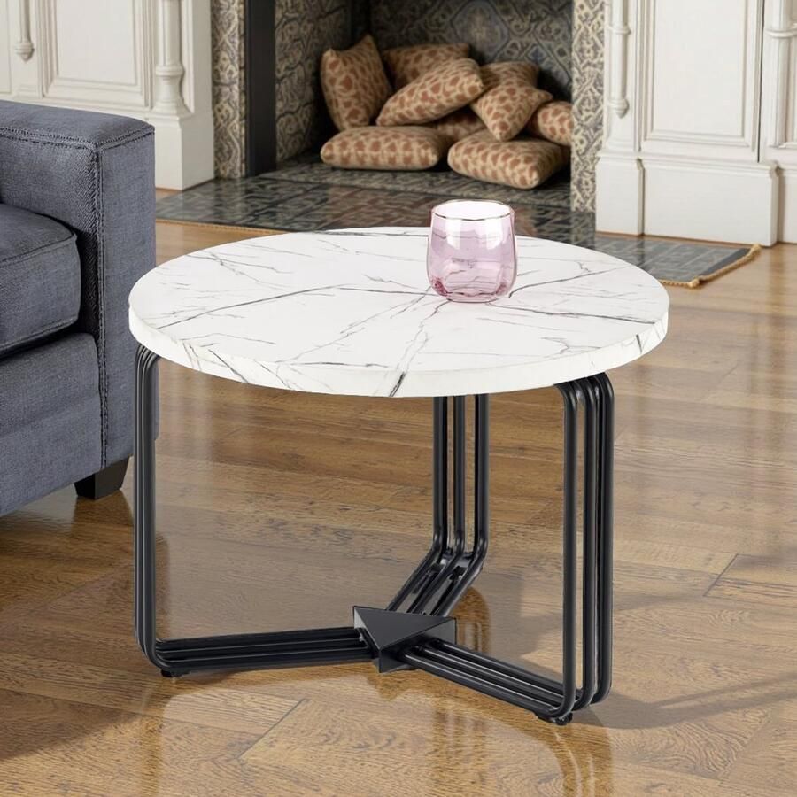 Industrialhome Milano Ronde Salontafel – Marmerlook Wit – Ø55 cm – Staal & Hout – Scandinavisch Design