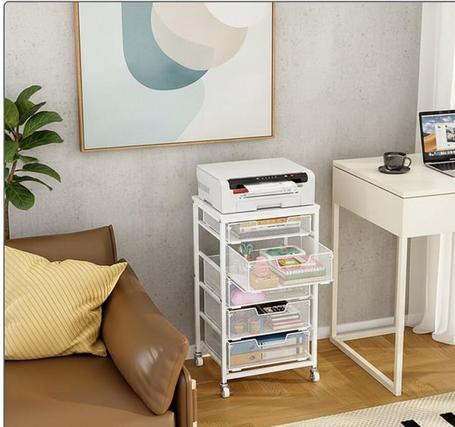 Industrialhome Mobiele Ladeblok met 5 Laden – Metalen Archiefkast op Wielen voor Onder Bureau – Compacte Kantoorkast met Slot en Gladde Rollen – Wit –