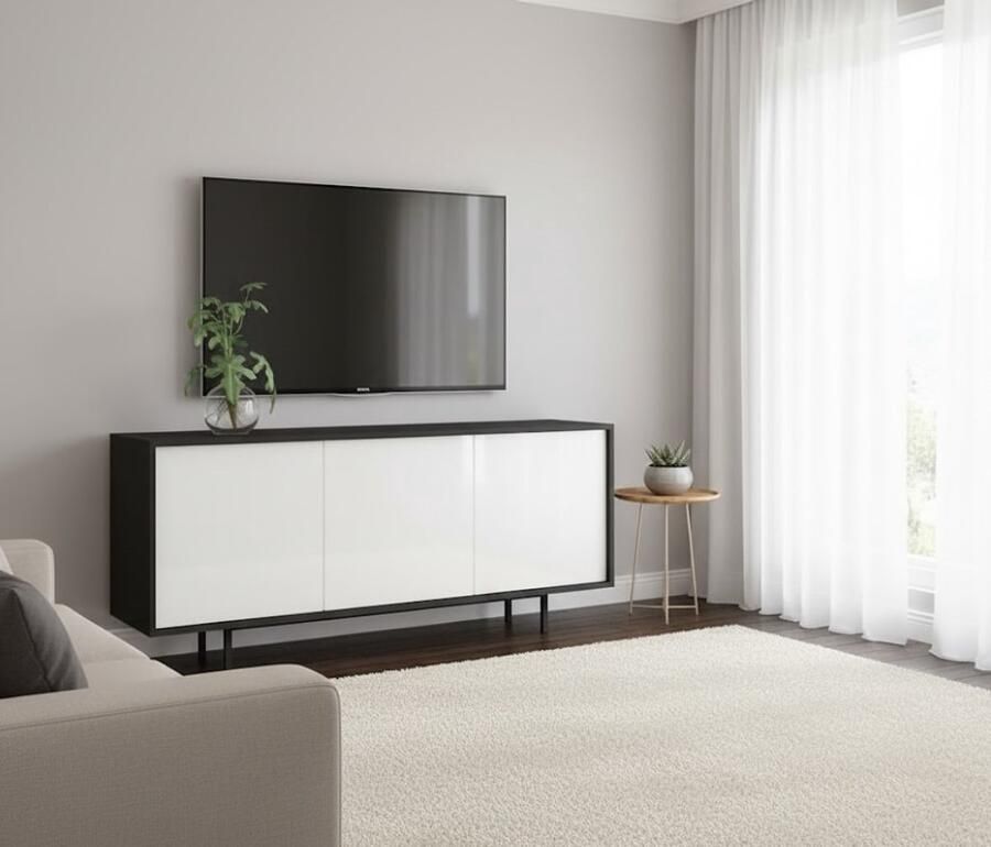 Industrialhome Modern Dressoir Nova Luxe – Woonkamer Kast met Hoogglans Witte Deuren en Antraciet Design – 154x40x66 cm – Metalen Poten – Push-to-Open – Verstelbare Planken – Commode voor Hal Woonkamer of Kantoor – Lowboard Kast – Tijdloos & Stijlvo