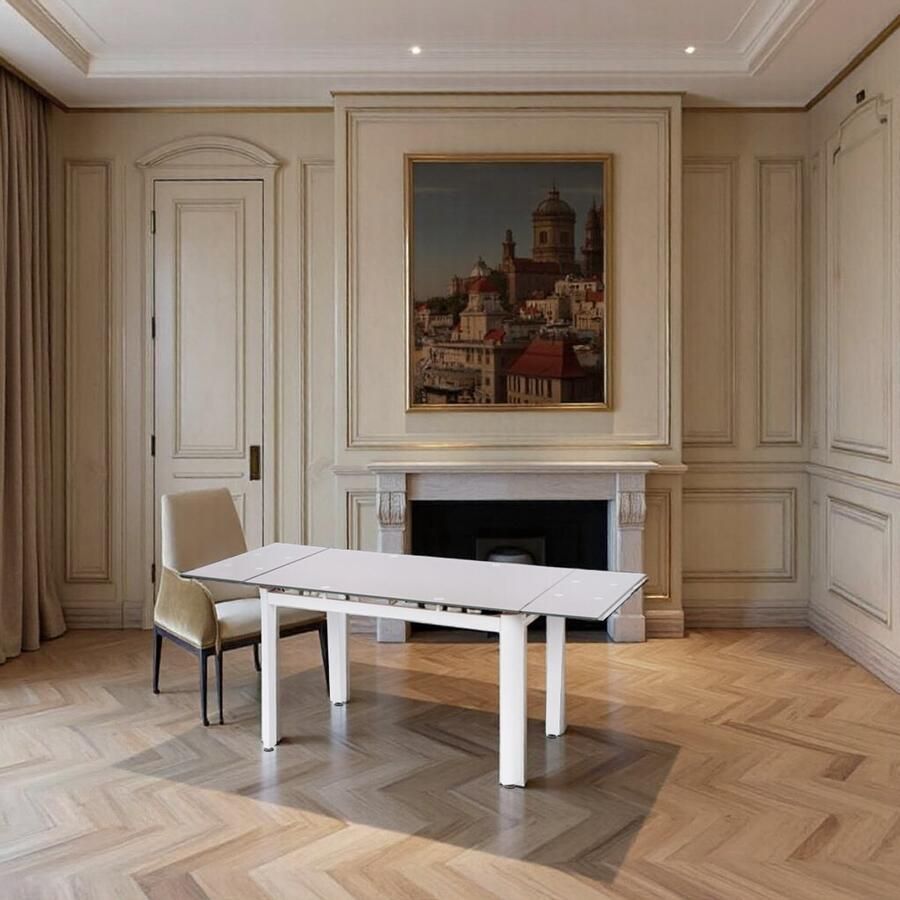 Industrialhome Modern Glazen Uitschuifbare Eettafel 120–180 cm – Wit Staal – 6 Personen