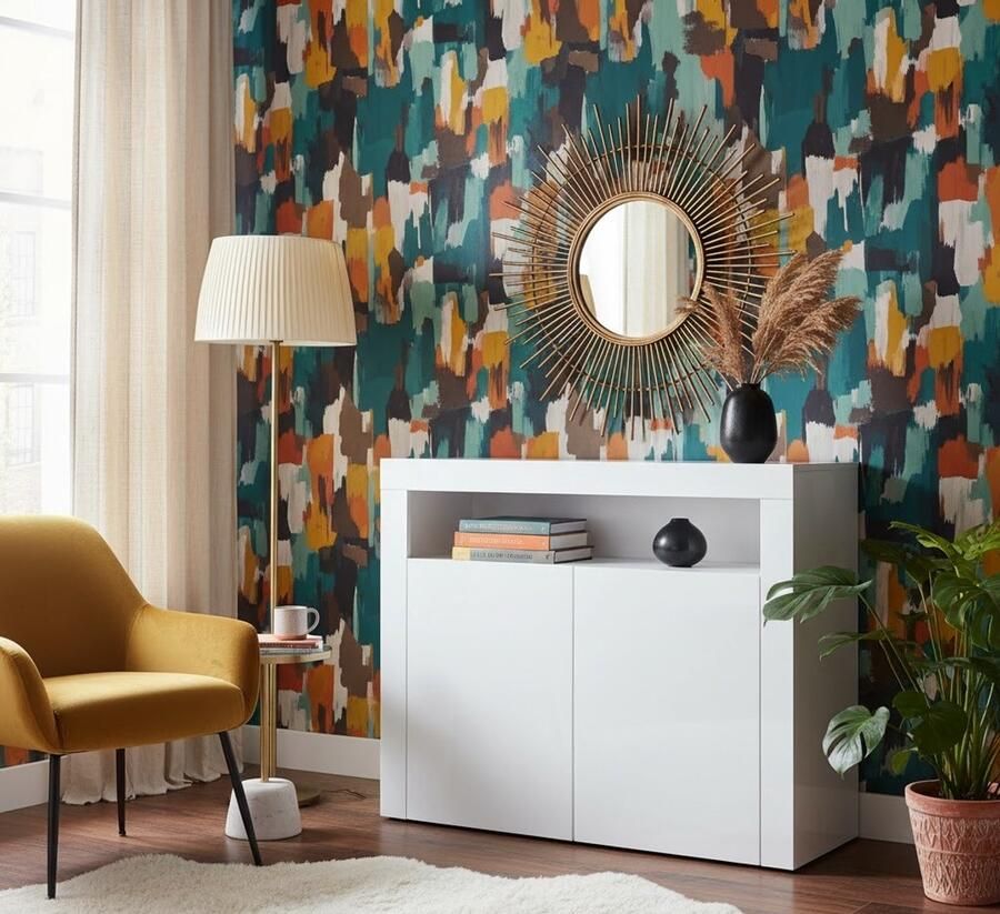 Industrialhome Modern Hoogglans Commode Dressoir met LED-verlichting 2 Deuren Staande Kast met Soft-Close Systeem Flexibele Legplanken 12 Kleuren Instelbaar & Afstandsbediening Witte Melamine Kast 108x92x40 cm Woonkamermeubel & Opbergkast