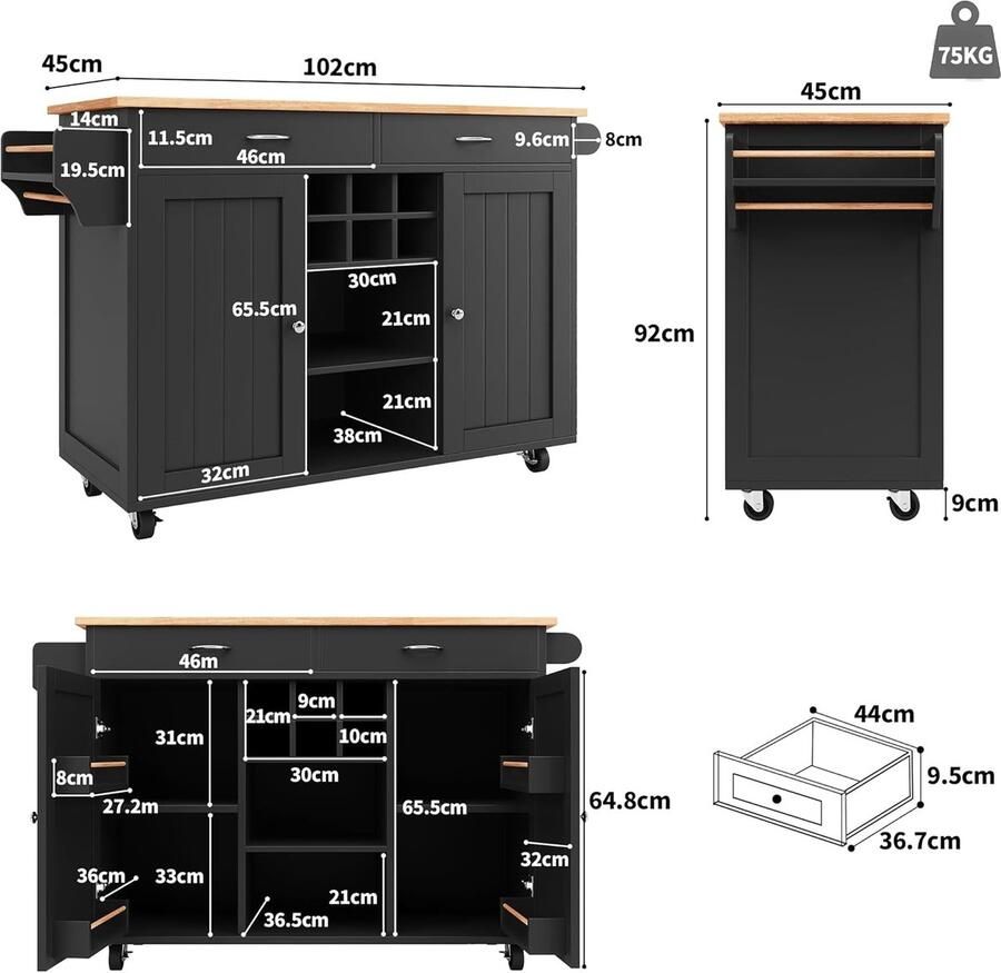 Industrialhome Modern Keukeneiland & Buffetkast 102x45x92 cm – Multifunctionele Eetkamerwagen met Opbergruimte MDF Houtnerf Zwarte Keukenkast Dressoir & Mobiele Serveertafel
