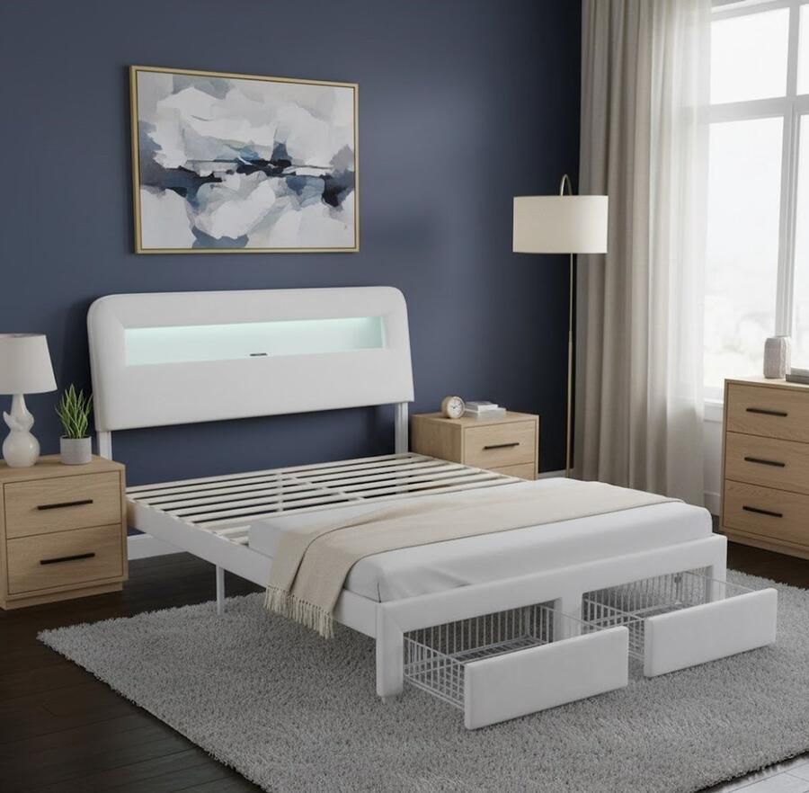 Industrialhome Modern Luxe Bedframe 140x200 cm – 2-Persoons Stabiel Metalen Bed Met Fluwelen Gebroken Wit Hoofdbord LED-Verlichting USB-Oplaadpoort & Ruime Opberglades – Comfortabel en Functioneel Bed Met Lattenbodem