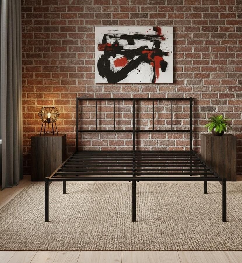 Industrialhome Modern Luxe Bedframe met Hoofdbord – 140x200 cm – Zwart – Metaal – 35 cm Opbergruimte Onder Bed – Geen Boxspring Nodig – Stevig & Squeakvrij – Justin Luxe Edition