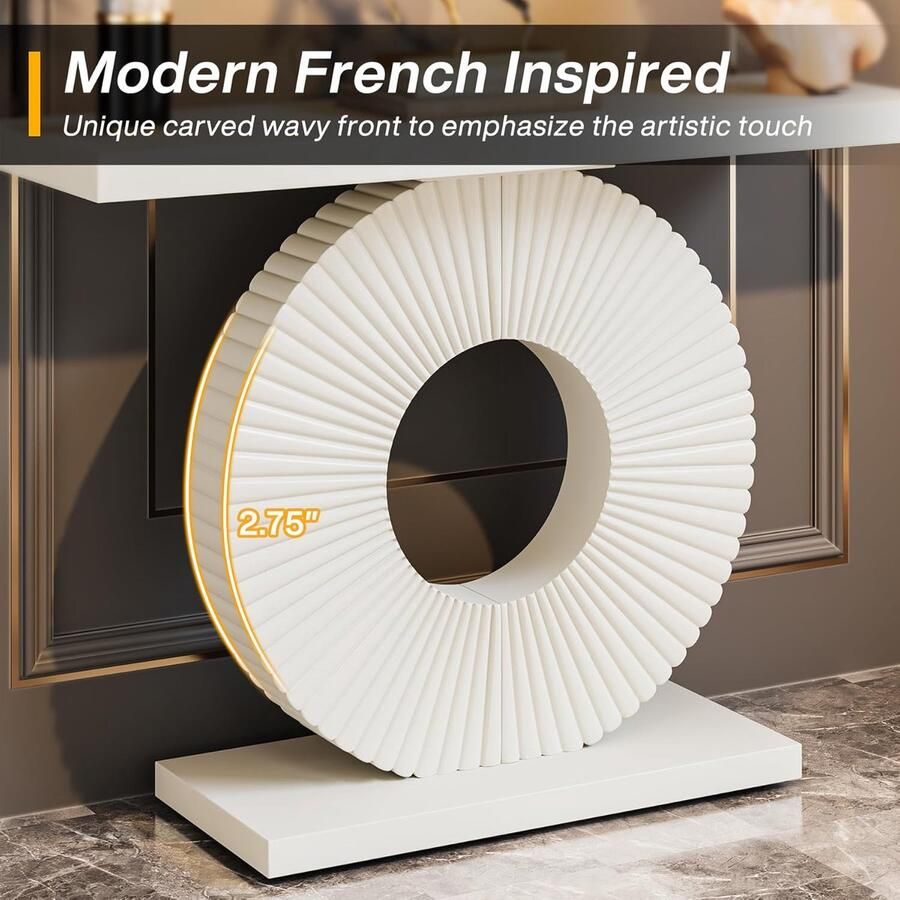 Industrialhome Moderne Consoletafel 100 cm – Witte Rechthoekige Accenttafel met Geometrische Ronde Bloemvormige Basis – Eigentijds Design voor Woonkamer Entree Hal of Achter de Bank – Minimalistisch & Elegant – MDF Hout 4 cm Dik Tafelblad