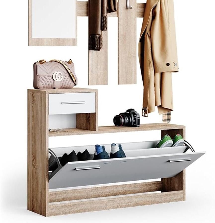 Industrialhome Moderne Garderobekast met Spiegel – Smalle Hal Kast 191 cm – Wandkapstok met Lade en Schoenenkast – Wit Sonoma Houtlook – Ruimtebesparende Opbergkast voor Hal of Entree –