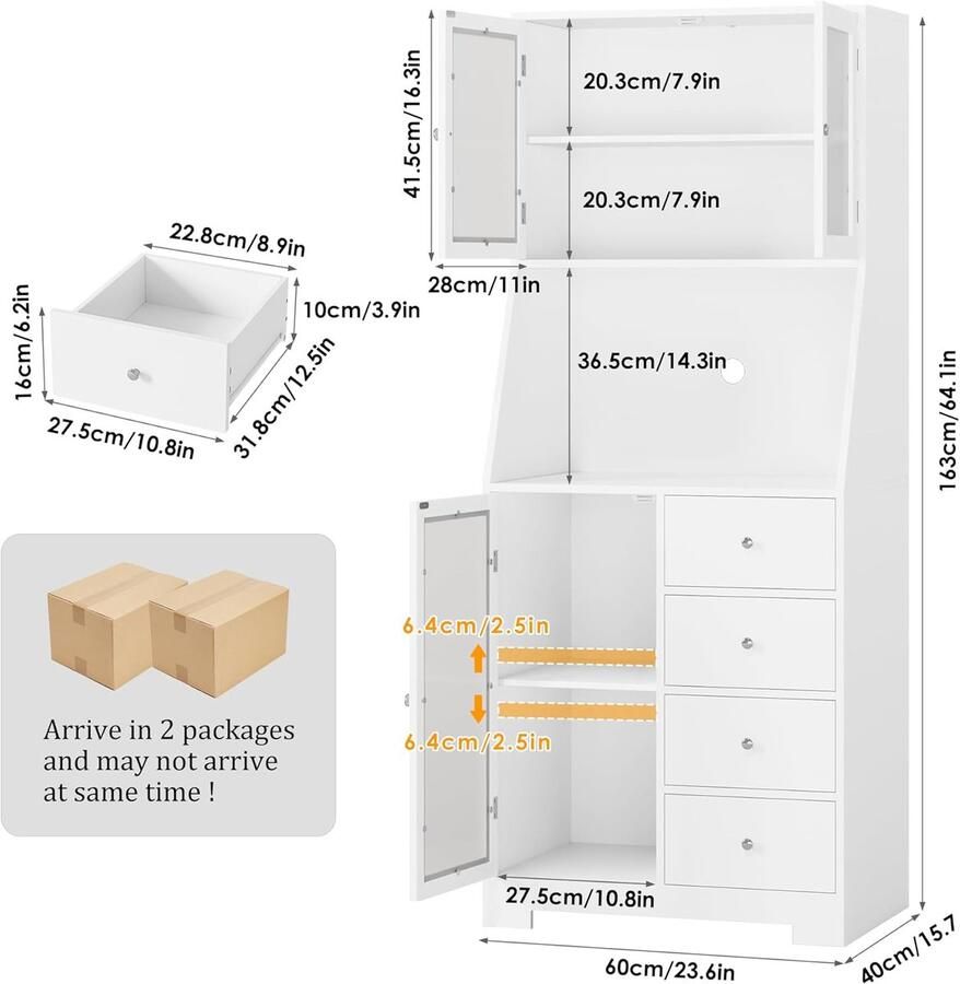 Industrialhome Moderne Hoge Keukenkast met Werkblad 3 Melkglazen Deuren & 4 Laden Buffetkast en Voorraadkast voor Keuken Woonkamer Eetkamer of Bar Multifunctionele Opbergkast Wit 160x60x40 cm