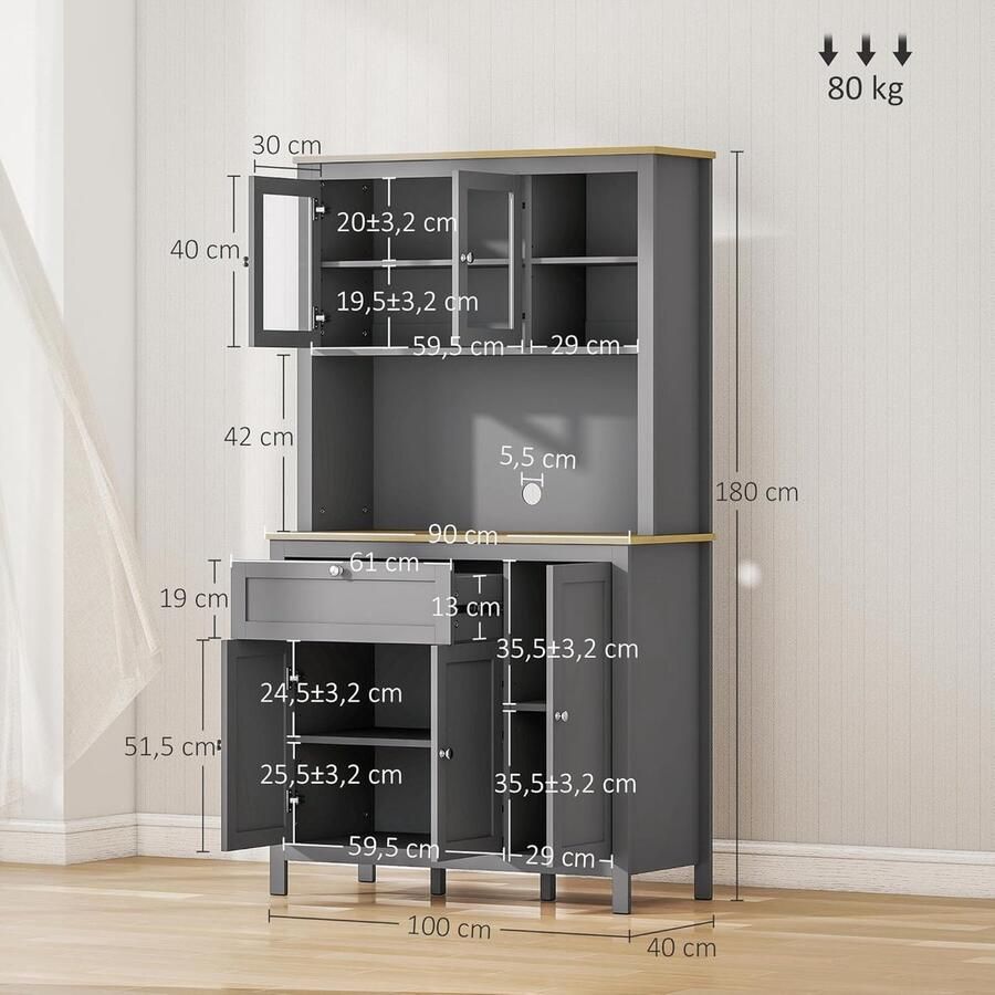 Industrialhome Moderne Keukenkast en Dressoir 3-Deurs met Lade Verstelbare Planken Glazen Deuren Kabeldoorvoer en Grote Opbergruimte – Multifunctionele Keuken- Woonkamer- en Eetkamerkast – 100 x 40 x 180 cm Grijs