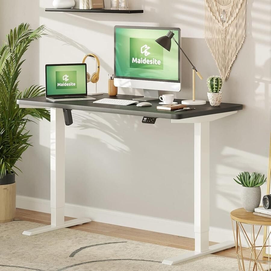 Industrialhome MotionLift Pro – Elektrisch Zit-Sta Bureau 140x70 cm – Hoogte Verstelbaar Bureau met LED Geheugenbediening USB Anti-Botsing & Kinderbeveiliging – Wit Frame + Zwart Tafelblad