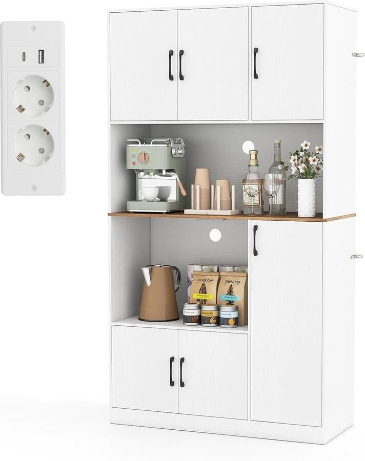 Industrialhome Multifunctionele Hoge Keukenkast met Werkblad Ingebouwde Stopcontacten & USB Buffetkast met 4 Deuren voor Keuken Woonkamer & Eetkamer Opbergkast met Lade 100 x 40 x 180 cm Wit
