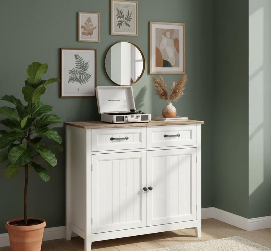 Industrialhome Multifunctionele Keukenkast met Werkblad – Dressoir met 2 Laden en 2 Deuren – Verstelbare Plank – Modern Buffetmeubel voor Keuken Woonkamer Eetkamer en Hal – Grijs Bruin – Retro Design – Stevig MDF en Triamine Hout