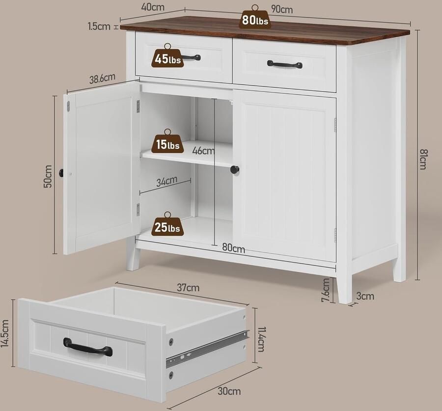 Industrialhome Multifunctionele Keukenkast met Werkblad – Dressoir met 2 Laden & 2 Deuren – Opbergkast voor Keuken Woonkamer & Eetkamer – Retro Design Verstelbare Plank Hoogwaardig MDF – Bruin