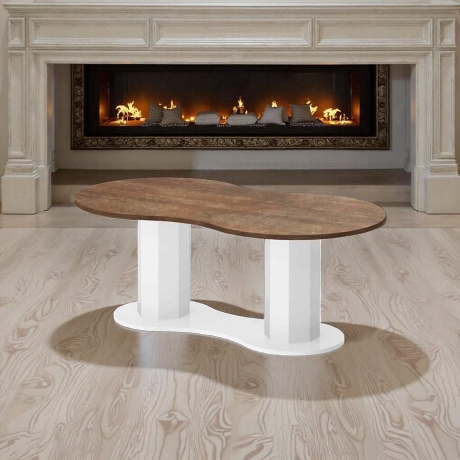 Industrialhome Mussidan Salontafel Lava Rock Mat Stijlvolle Salontafel in Wit Hoogglans & Zwart Hoogglans Hout met Fineer 128x70x50 cm