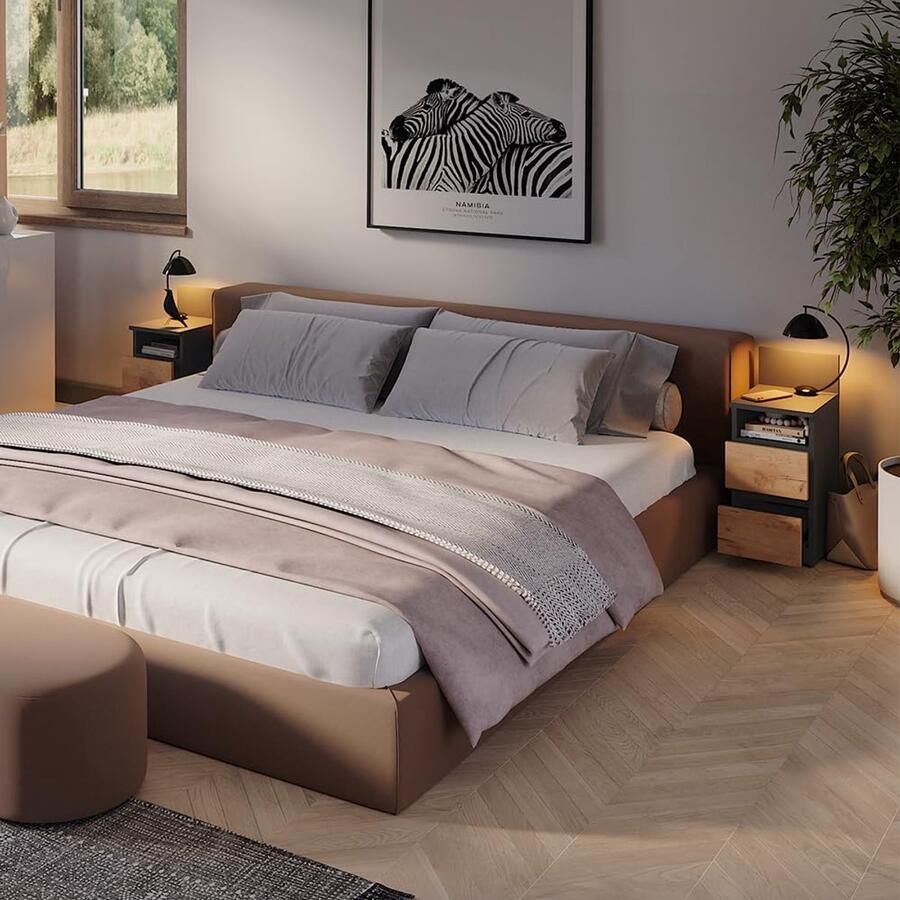 Industrialhome Nachtkastje Modern WoodLine Luxe – Antraciet Goldkraft Eiken – 2 Laden – 59 1 cm Hoog – Design Bedkastje van – Compact Houtlook Slaapkamerkast