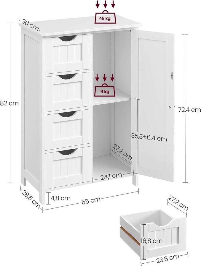 Industrialhome Nordic White Dressoir & Badkamerkast – Houten Opbergkast met 4 Laden Kastdeur en Verstelbare Plank – Vrijstaand voor Badkamer Woonkamer Hal Keuken – Landelijke Minimalistische Stijl MDF 30x55x82 cm