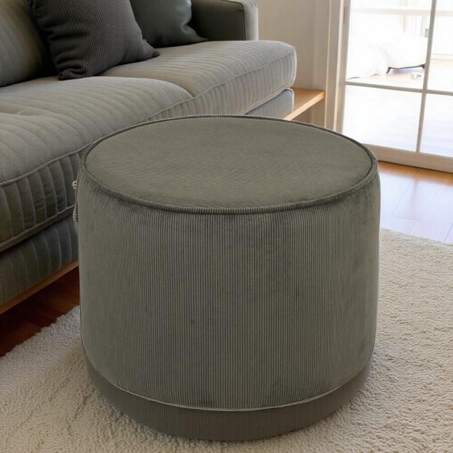 Industrialhome Poef Tibo Rond 55x40 cm – Army Groen Ribcord – Zitpoef Voetenbank & Bijzettafel – Stevig & Gestoffeerd – Industrieel Design –