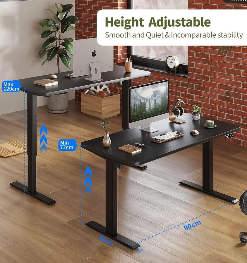 Industrialhome PowerLift Pro – Elektrisch Zit-Sta Bureau – 120x60 cm – Volledig Zwart – In Hoogte Verstelbaar (72–120 cm) – Met USB