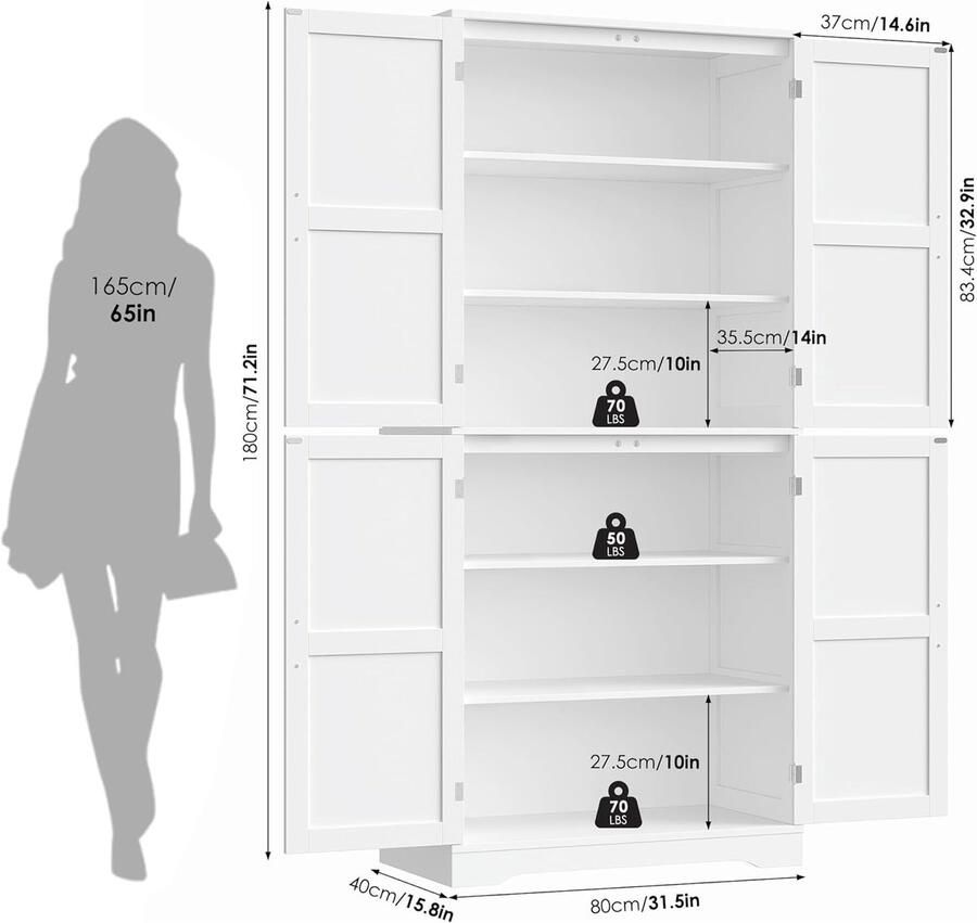 Industrialhome Premium Hoge Keukenkast 180 cm – Multifunctionele Buffetkast met 4 Deuren – Stijlvolle Witte Opbergkast voor Keuken Eetkamer & Woonkamer – Robuust Anti-Kantel en Stofdicht 180 x 80 x 40 cm