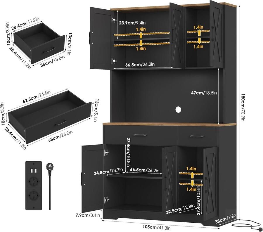 Industrialhome Premium Kitchen Pantry Cabinet 105x180 cm – Tall Buffet Sideboard with Adjustable Shelves 2 Drawers Worktop for Microwave & Coffee Maker Built-in Power Outlets Soft-Close Doors Black & Brown – Storage Solution for Kitchen Dining
