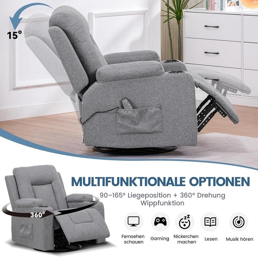 Industrialhome Premium Relaxfauteuil Donkergrijs – Ergonomische TV-Stoel met Verstelbare Rugleuning en Voetensteun – 360° Draaibare Relaxstoel met Schommelfunctie