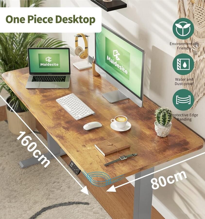 Industrialhome RiseX Pro Zit-Sta Bureau 160x80 cm – Elektrisch In Hoogte Verstelbaar 72-120 cm – Vintage Bruin Tafelblad met Grijs Frame – 4 Geheugenstanden USB Anti-Botsing