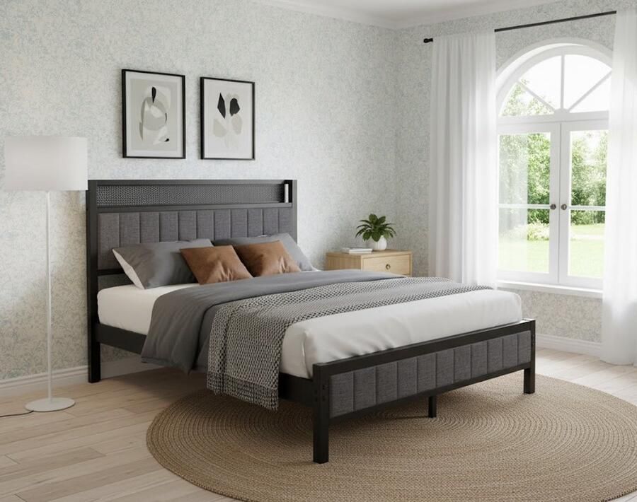 Industrialhome Robust Metal Bedframe met USB Laadstation Tweepersoonsbed 140x200 cm Stevig Metalen Bed met Gestoffeerd Hoofdeinde in Grijs Piepvrij Modern Design Lattenbodem Inclusief Slaapkamer Bedframe met Opberghoofdbord en LED Optie