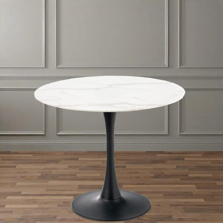 Industrialhome Ronde Eettafel Marmerlook Wit – 90x90 cm – Glazen Tafelblad – Zwart Stalen Frame – 2-Persoons – Modern Design – Kleine Eethoek