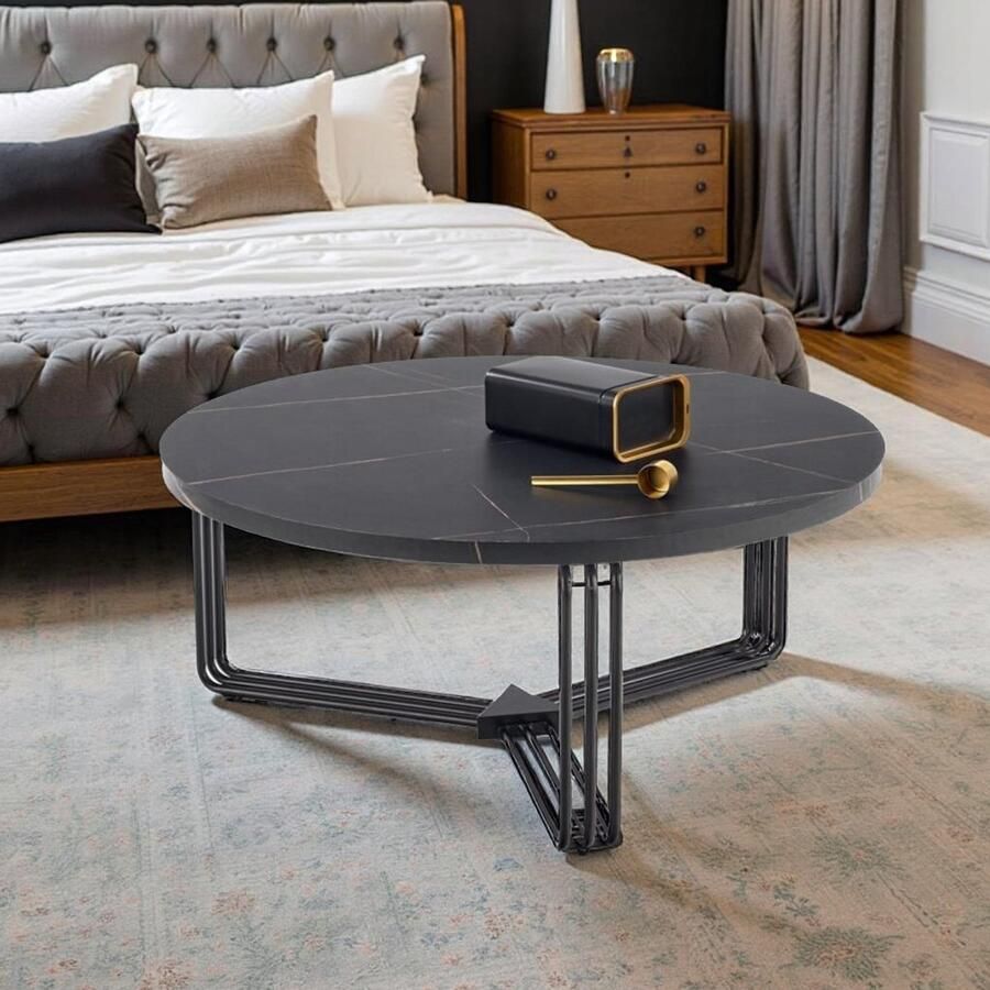 Industrialhome Ronde Salontafel 80 cm – Marmerlook Zwart – Luxe Design – Hout Fineer & Staal – Moderne Woonkamer Tafel