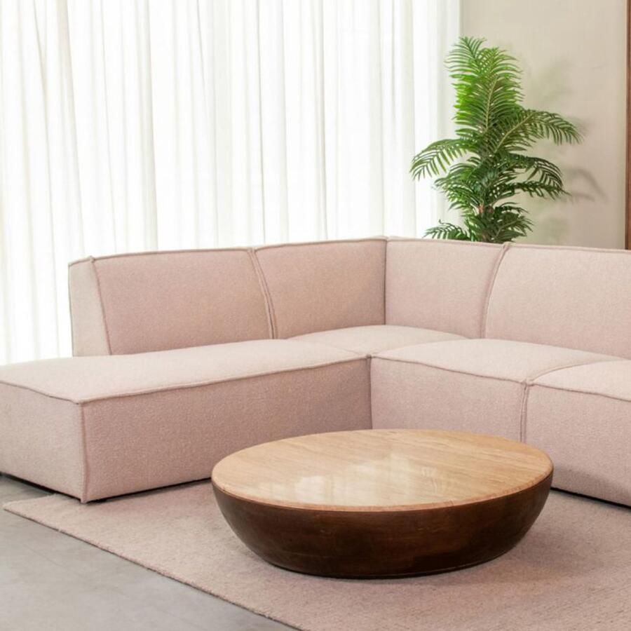 Industrialhome Ronde Salontafel 90x90x25 cm – Travertin Blad & Espresso Massief Mangohouten Onderstel – Industrieel & Japandi Design –