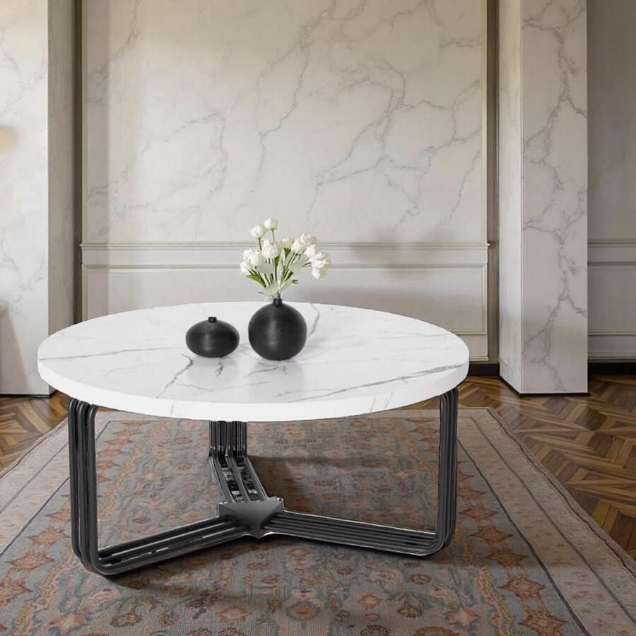 Industrialhome Ronde Salontafel Marmerlook Wit – 80x80 cm – Luxe Hout met Fineer – Zwart Stalen Frame – Moderne Woonkamer Tafel