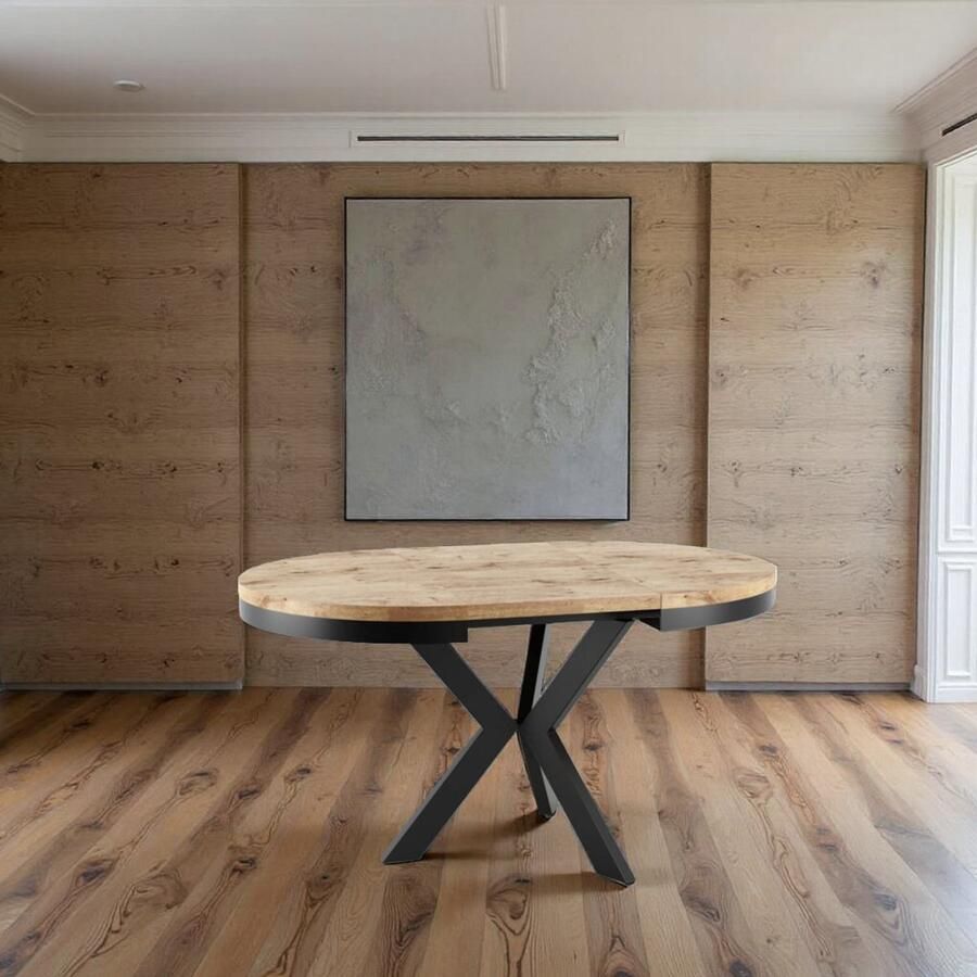 Industrialhome Ronde Uitschuifbare Eettafel Ø100-138 cm – Hout & Metaal – Natuurlijk Eiken – 4 Personen – Industrieel Design – Puntarelli