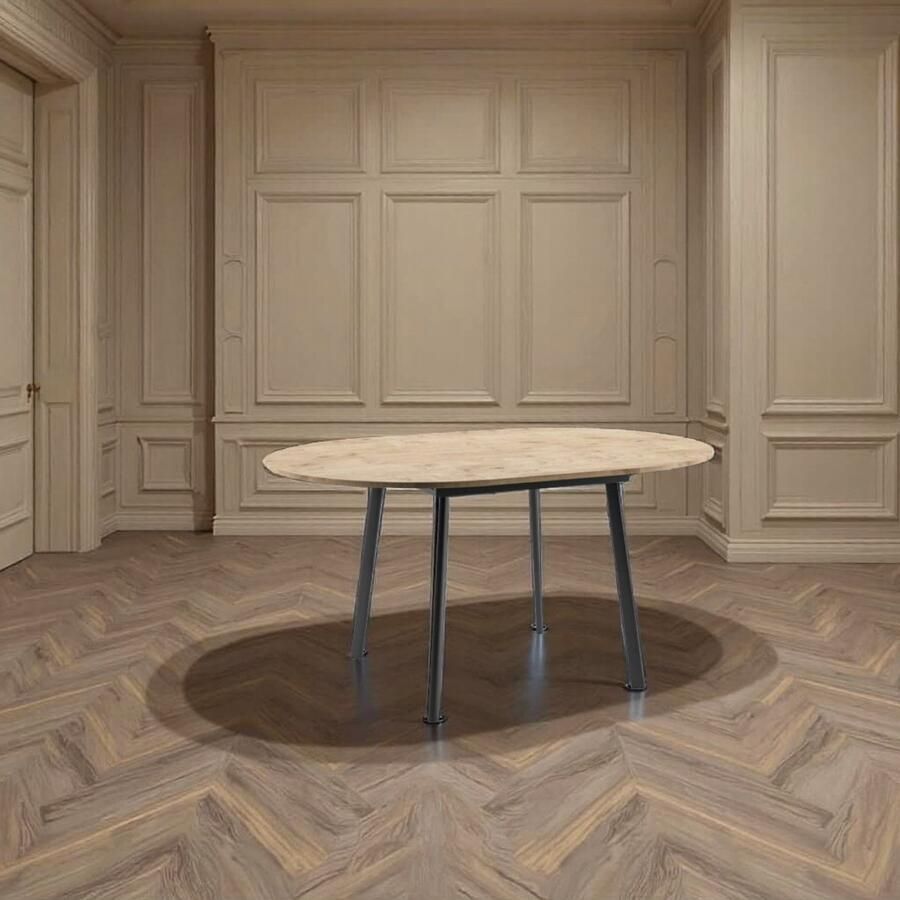 Industrialhome Ronde Uitschuifbare Eettafel Lancelot – Ø100-140 cm – Natuurlijk Eiken – 6 Personen – Hout en Metaal – Industriële Eettafel