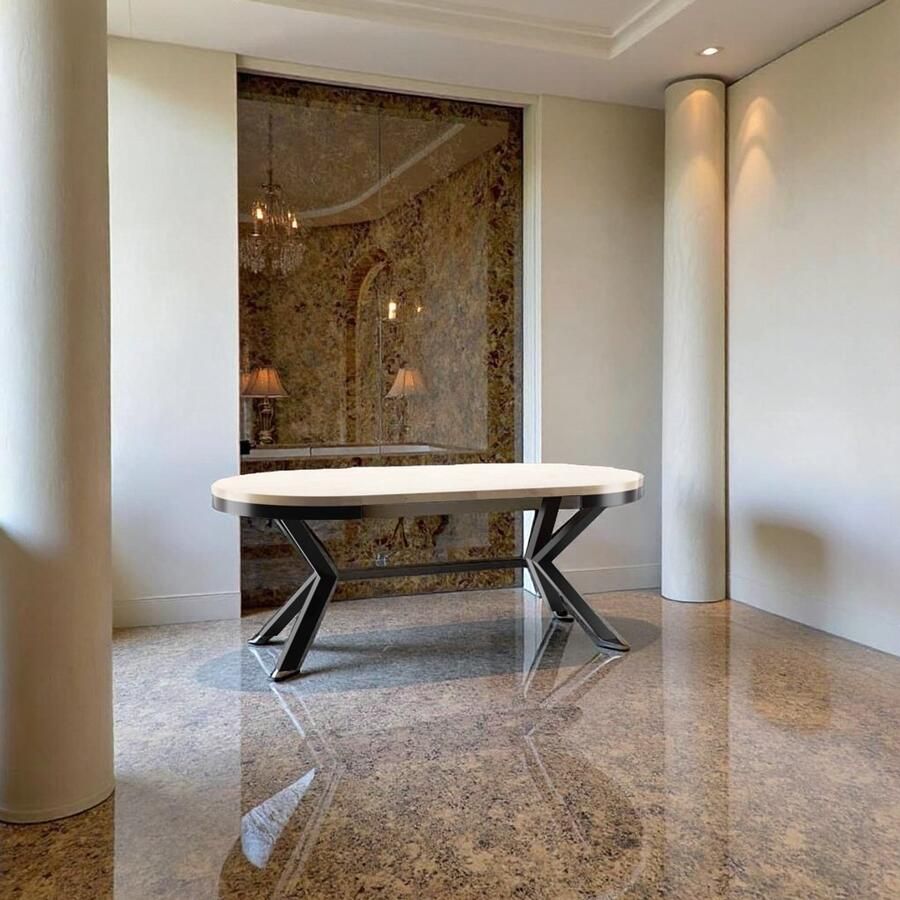 Industrialhome Ronde Uitschuifbare Eettafel Marsanne Oak – Goud Eiken – Ø100-176 cm Ø120-196 cm – 8-10 Personen – Hout & Metaal – Industriële Eettafel