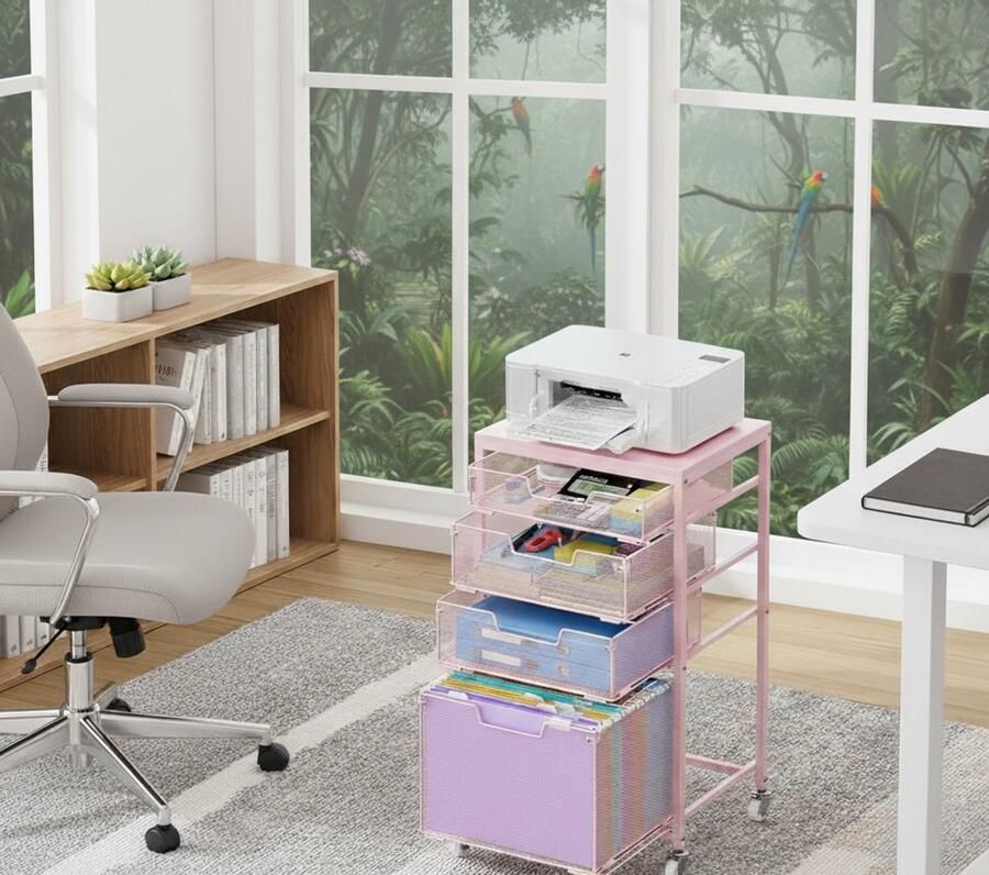 Industrialhome Roze Metalen Rollwagen met 4 Laden – Verrijdbare Archiefkast met Ladeblokken & Remwielen – Multifunctionele Opbergkast voor Kantoor Thuis & Salon – Stevig Metalen Frame –