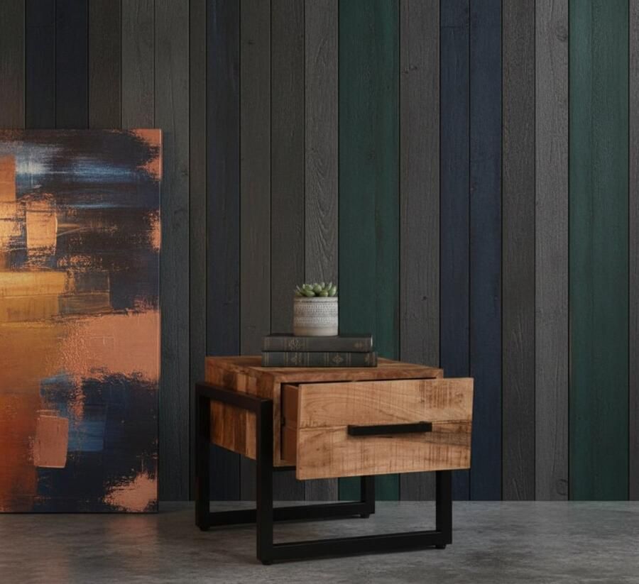 Industrialhome Salontafel Industrieel Vierkant – 50x50x41 cm – Mangohout met Zwart Metaal – Met 2 Lades – Handgemaakt – Modern & Stijlvol – Bolivia Design