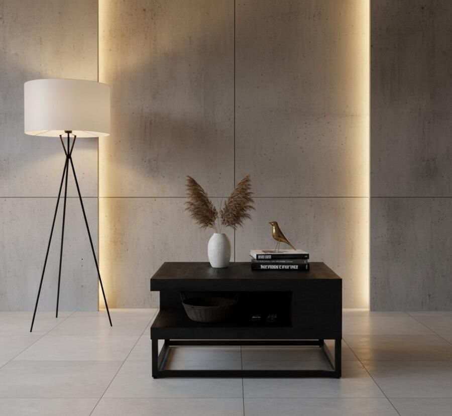 Industrialhome Salontafel Industrieel Zwart Mangohout 80x80 – Vierkante Salontafel met Opbergruimte – Metalen Onderstel – CubeX van