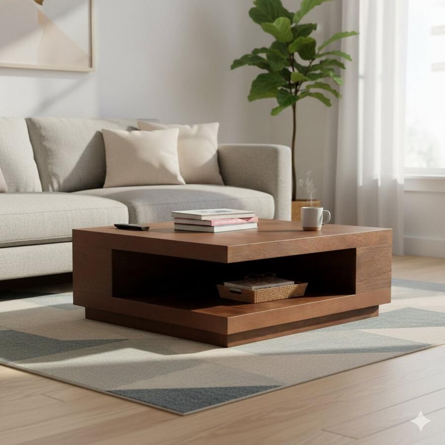 Industrialhome Salontafel Nova Wood – 80x80x30 cm – Vierkant – Nature Smooth Mangohout – Met Opbergvakken – Zwevend Design –