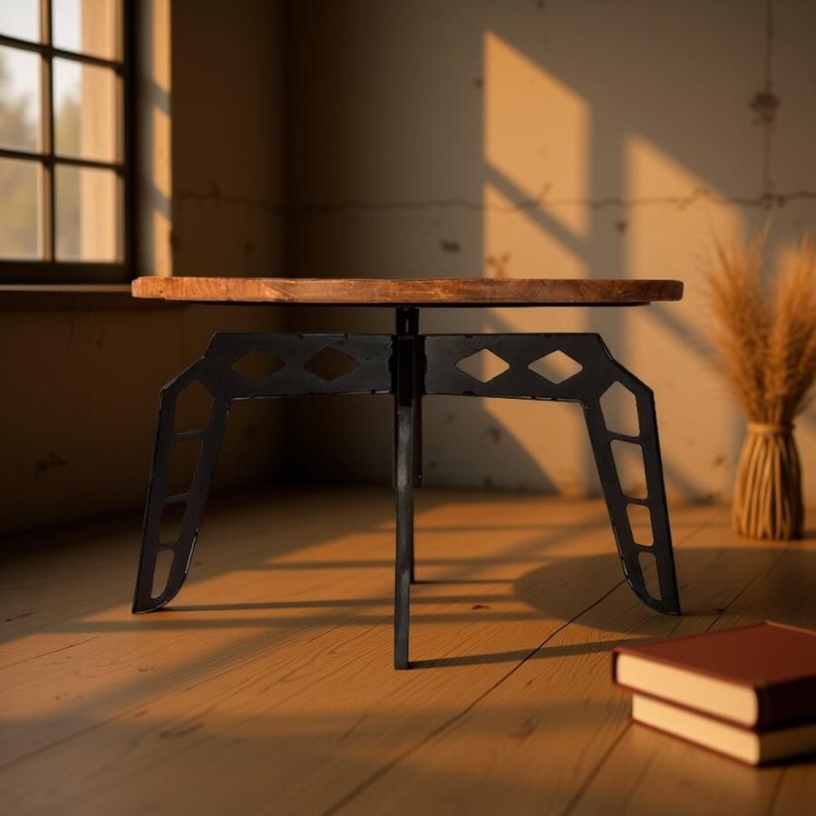 Industrialhome Salontafel Pebble – 80x80x49 cm – Rond – Mangohout & Zwart Metaal – Industrieel & Handgemaakt – Houten Koffietafel voor Woonkamer