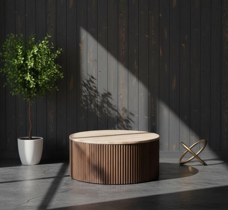 Industrialhome Salontafel Rond 50x50x30 cm – Travertin Tafelblad & Ribbel Onderstel in Massief Mangohout – Japandi & Retro Design – 'Ribble Mini